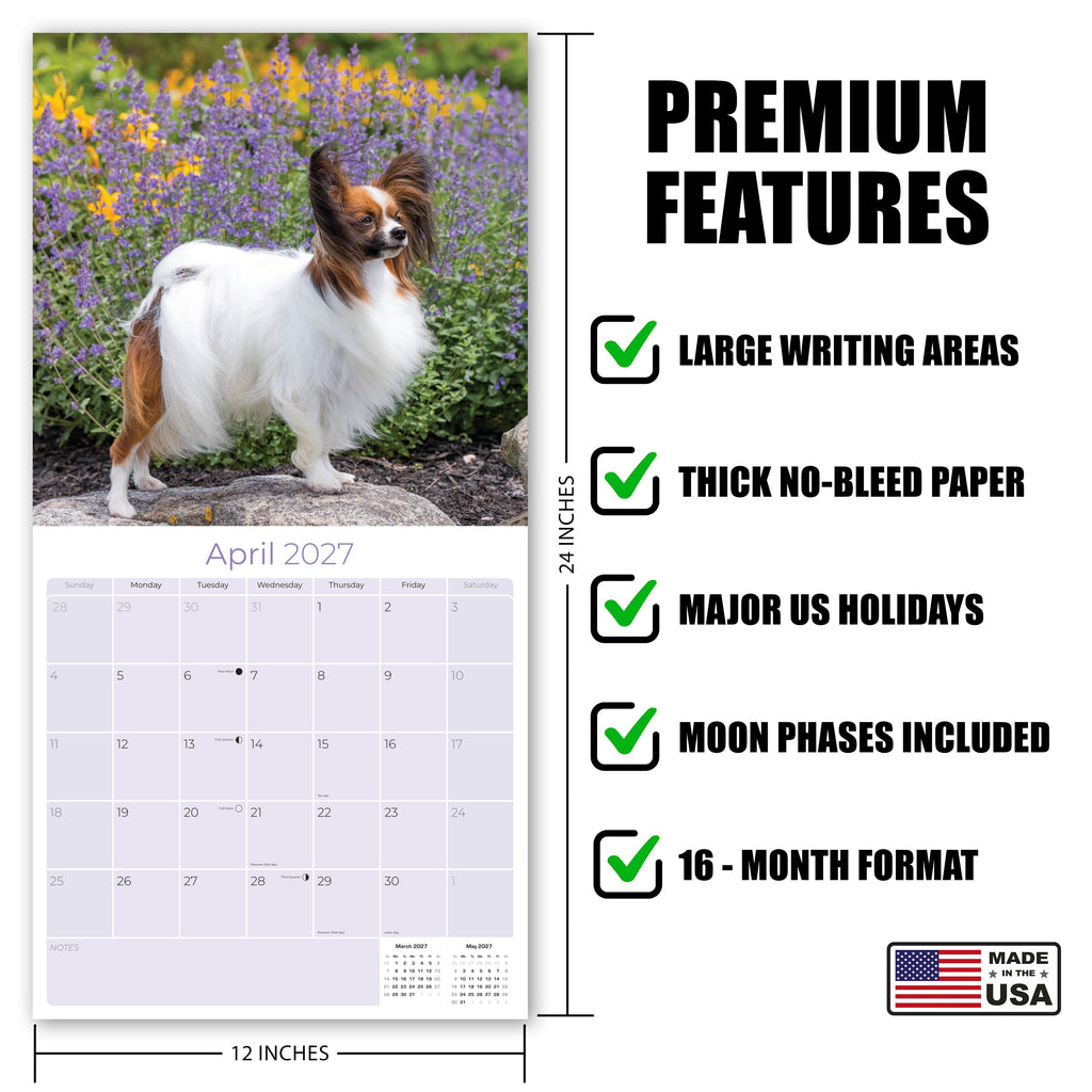 Papillon Wall Calendar 2027 - 12" x 12" Monthly Intelligent Butterfly Ear & Graceful Toy Spaniel Calendar