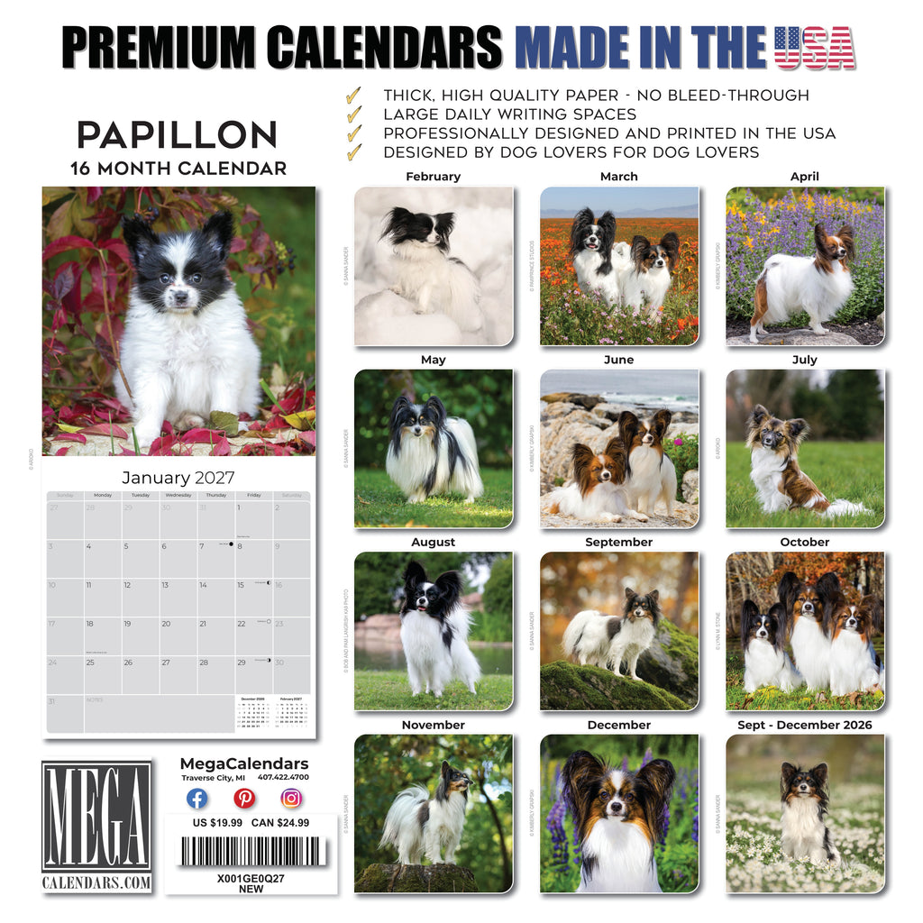 Papillon Wall Calendar 2027 - 12" x 12" Monthly Intelligent Butterfly Ear & Graceful Toy Spaniel Calendar