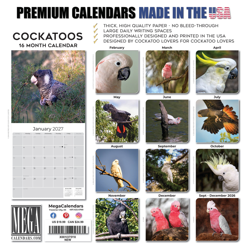 Cockatoos Wall Calendar 2027 - 12" x 12" Monthly Bird Breed Calendar
