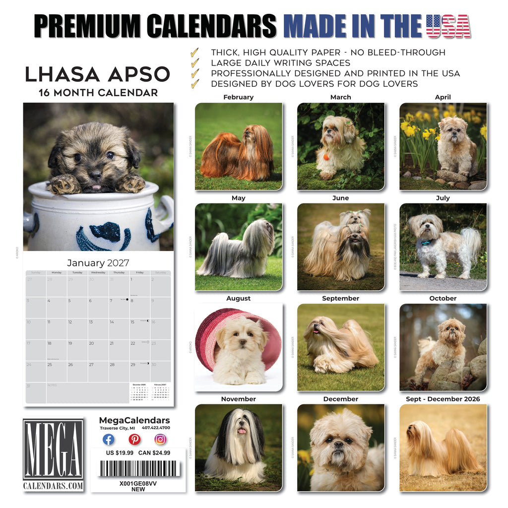 Lhasa Apso Wall Calendar 2027 - 12" x 12" Monthly Regal Long-Haired & Sentinel Tibetan Companion Calendar