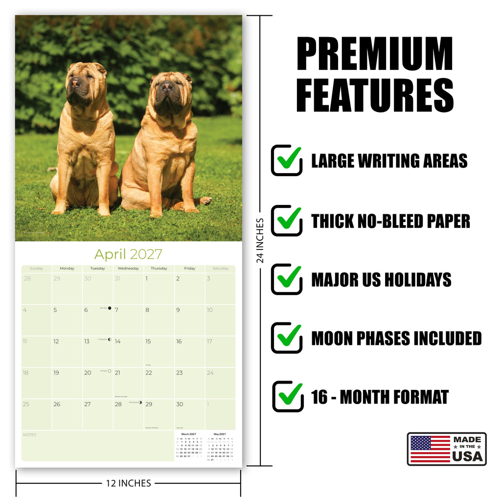 Shar Pei Wall Calendar 2027 - 12" x 12" Monthly Loyal & Independent Wrinkle Dog Breed Calendar
