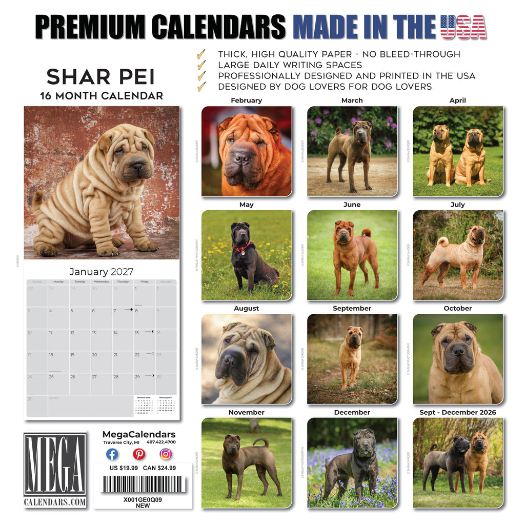 Shar Pei Wall Calendar 2027 - 12" x 12" Monthly Loyal & Independent Wrinkle Dog Breed Calendar