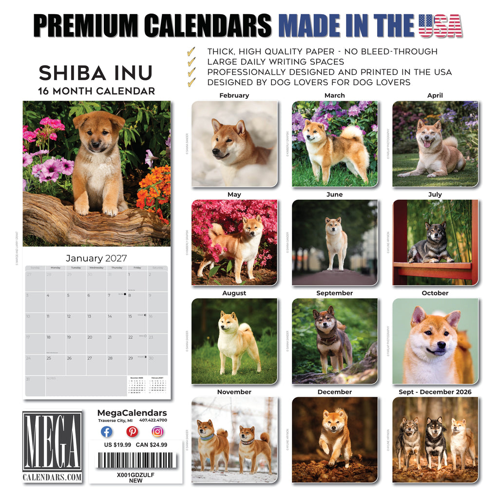 Shiba Inu Wall Calendar 2027 - 12" x 12" Monthly Spirited & Independent Japanese Dog Breed Calendar
