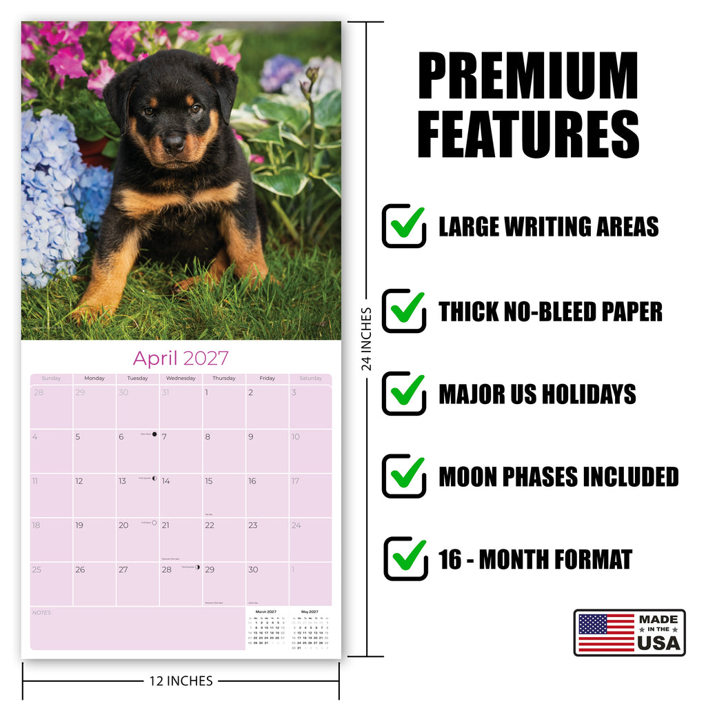 Rottweiler Puppies Wall Calendar 2027 - 12" x 12" Monthly Heartwarming & Playful Rottie Puppy Breed Calendar