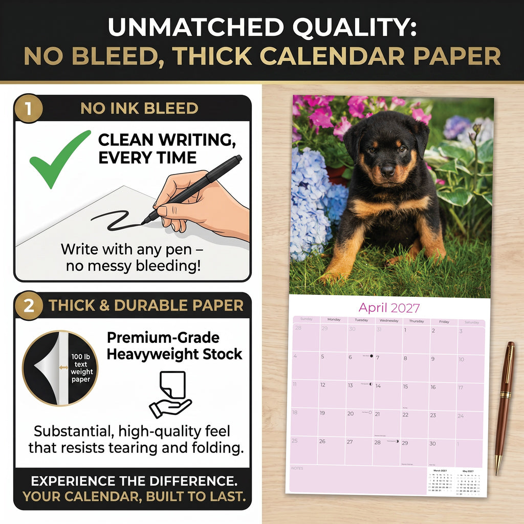 Rottweiler Puppies Wall Calendar 2027 - 12" x 12" Monthly Heartwarming & Playful Rottie Puppy Breed Calendar