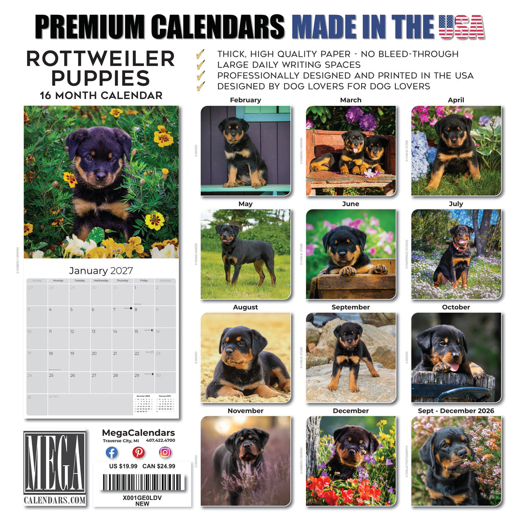 Rottweiler Puppies Wall Calendar 2027 - 12" x 12" Monthly Heartwarming & Playful Rottie Puppy Breed Calendar