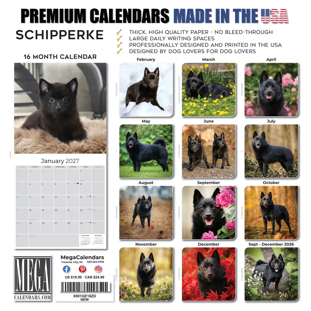Schipperke Wall Calendar 2027 - 12" x 12" Monthly Curious & Energetic Schipperke Dog Breed Calendar
