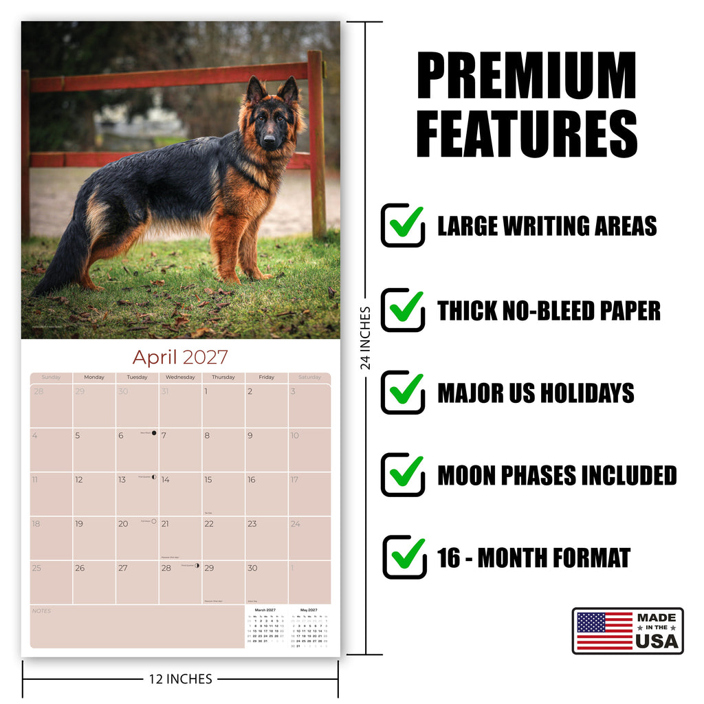 German Shepherd Wall Calendar 2027 - 12" x 12" Monthly Noble Guardian & Intelligent GSD Working Breed Calendar