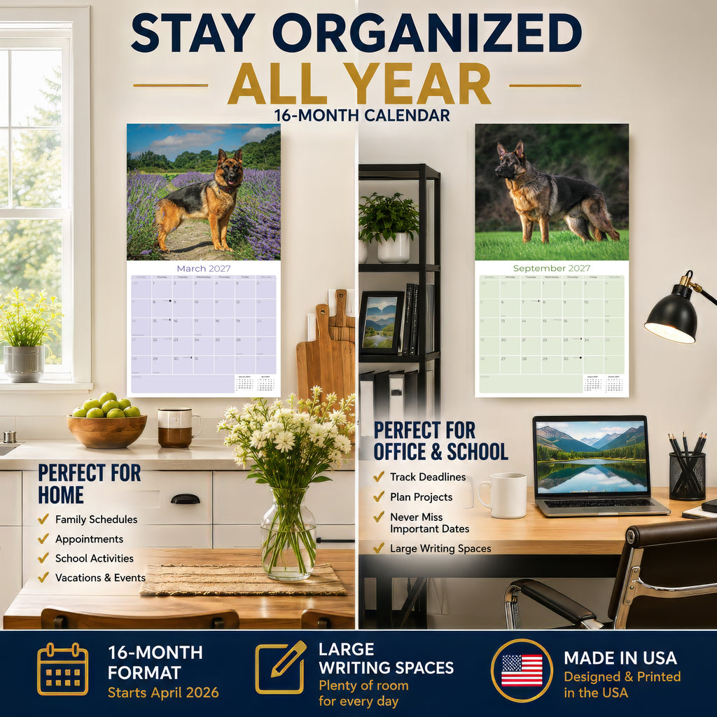 German Shepherd Wall Calendar 2027 - 12" x 12" Monthly Noble Guardian & Intelligent GSD Working Breed Calendar