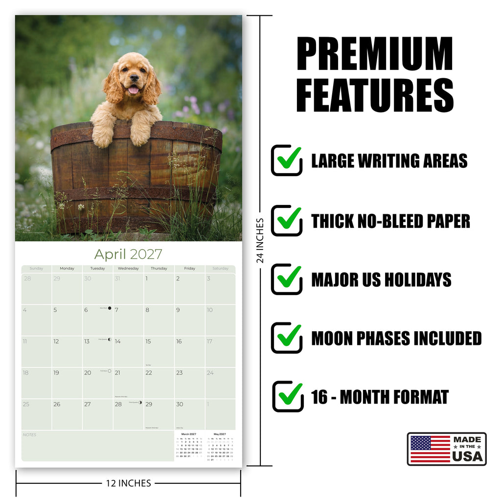 Cocker Spaniel Puppies Wall Calendar 2027 - 12" x 12" Monthly Heartwarming Cocker Spaniel Puppy Breed Art Calendar