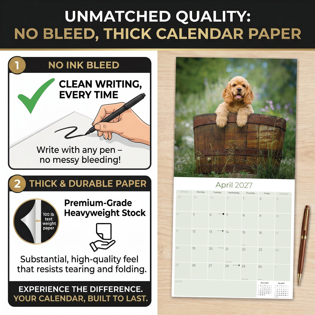 Cocker Spaniel Puppies Wall Calendar 2027 - 12" x 12" Monthly Heartwarming Cocker Spaniel Puppy Breed Art Calendar