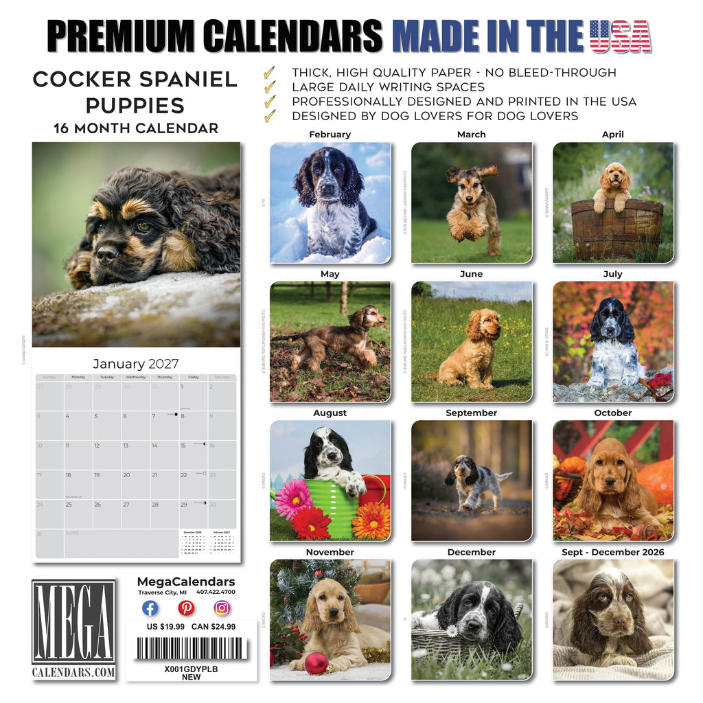Cocker Spaniel Puppies Wall Calendar 2027 - 12" x 12" Monthly Heartwarming Cocker Spaniel Puppy Breed Art Calendar