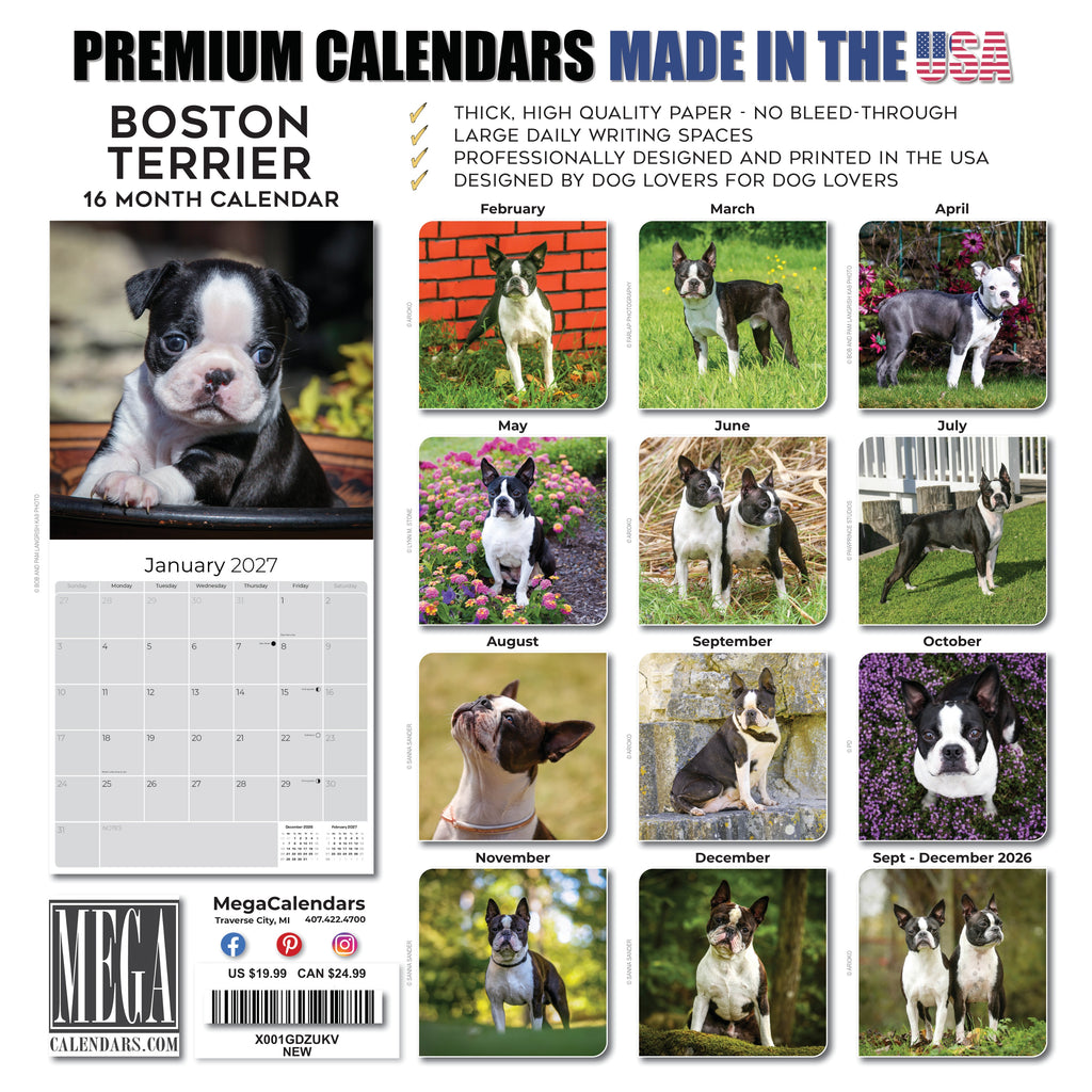 Boston Terrier Wall Calendar 2027 - 12" x 12" Monthly Lively Amusing American Gentleman Calendar