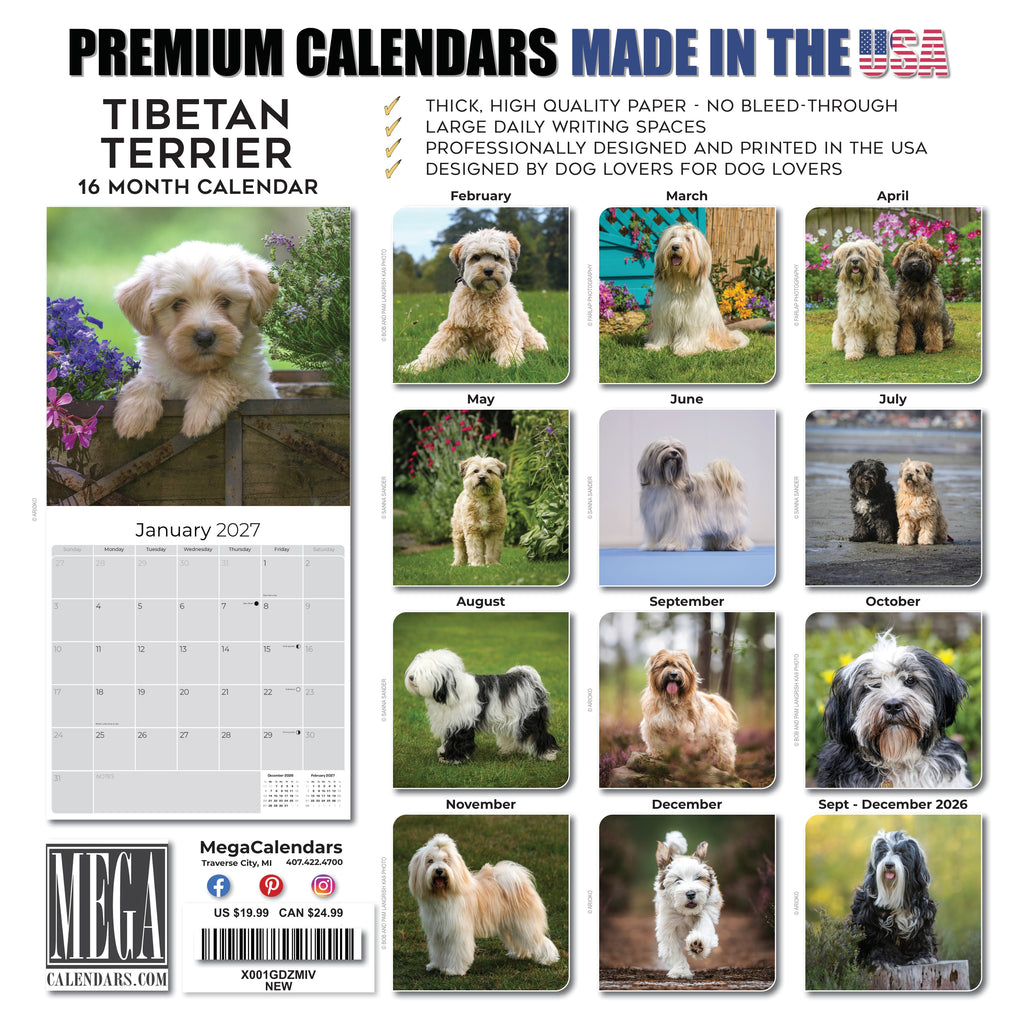 Tibetan Terrier Wall Calendar 2027 - 12" x 12" Monthly Loyal & Affectionate Tibetan Dog Breed Calendar