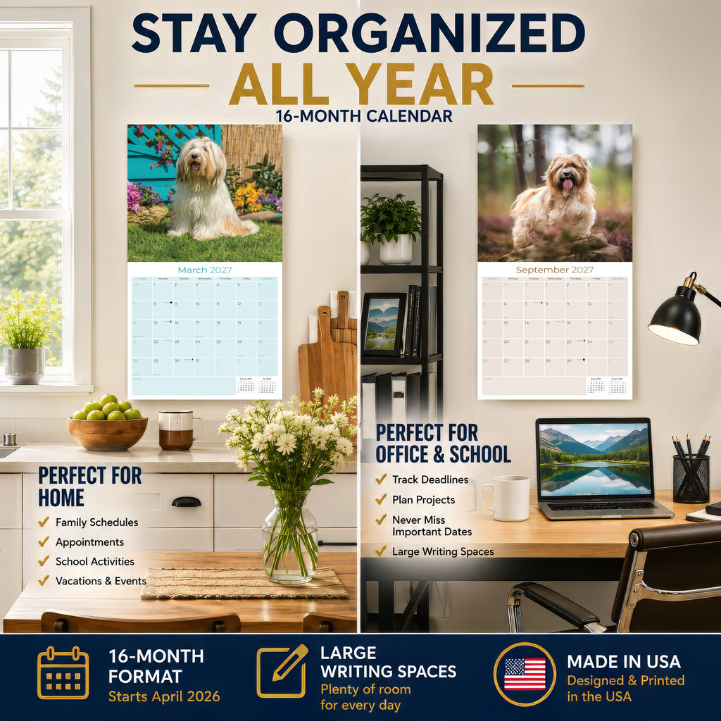 Tibetan Terrier Wall Calendar 2027 - 12" x 12" Monthly Loyal & Affectionate Tibetan Dog Breed Calendar