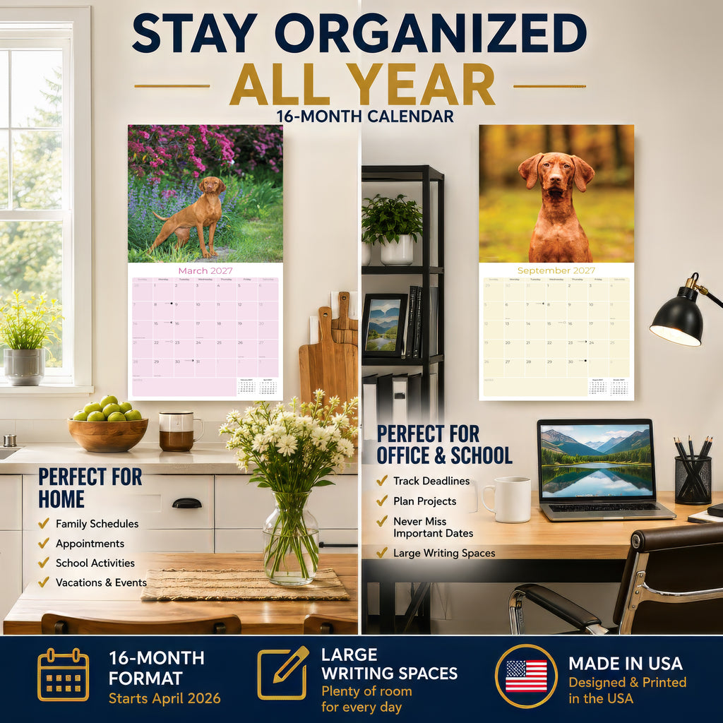 Vizsla Wall Calendar 2027 - 12" x 12" Monthly Athletic & Affectionate Hungarian Pointer Dog Breed Calendar