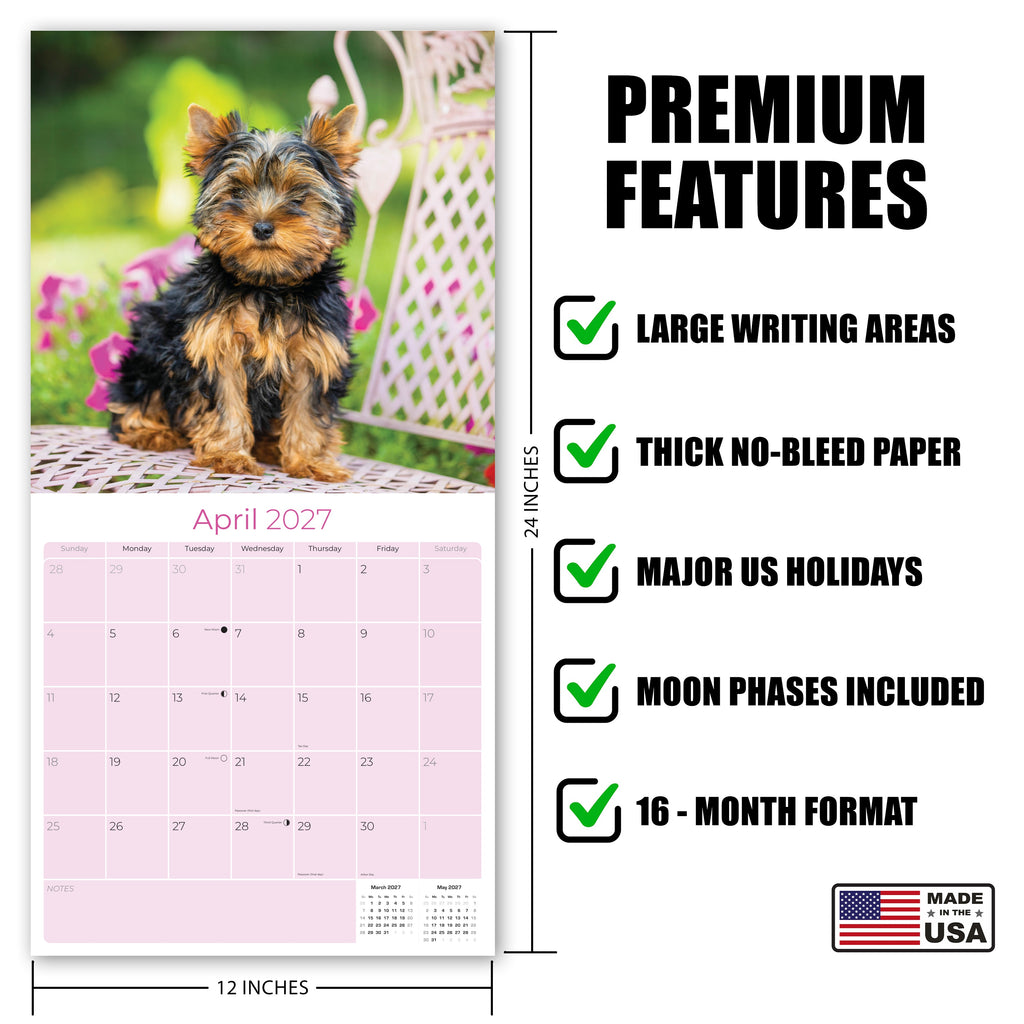 Yorkshire Terrier Puppies Wall Calendar 2027 - 12" x 12" Monthly Cute Playful Silky Toy Dog Breed Calendar