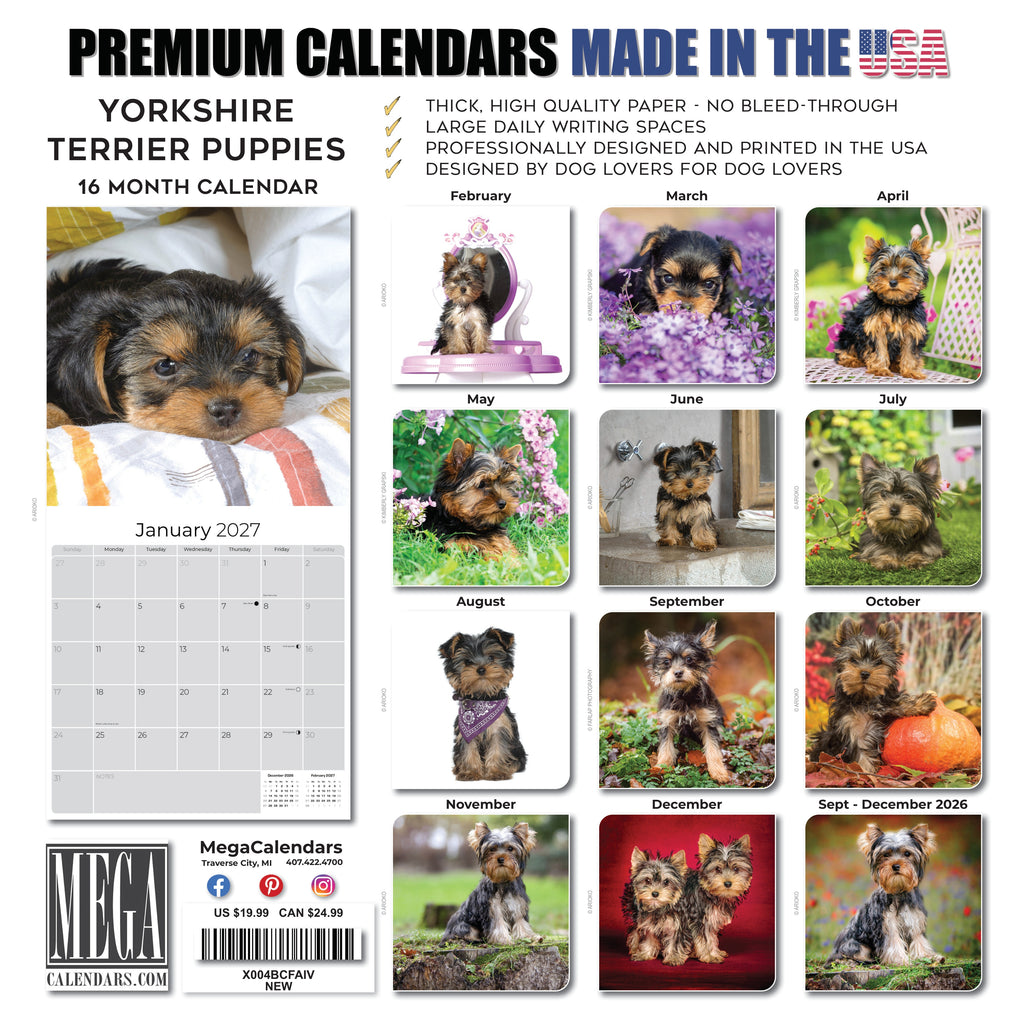 Yorkshire Terrier Puppies Wall Calendar 2027 - 12" x 12" Monthly Cute Playful Silky Toy Dog Breed Calendar