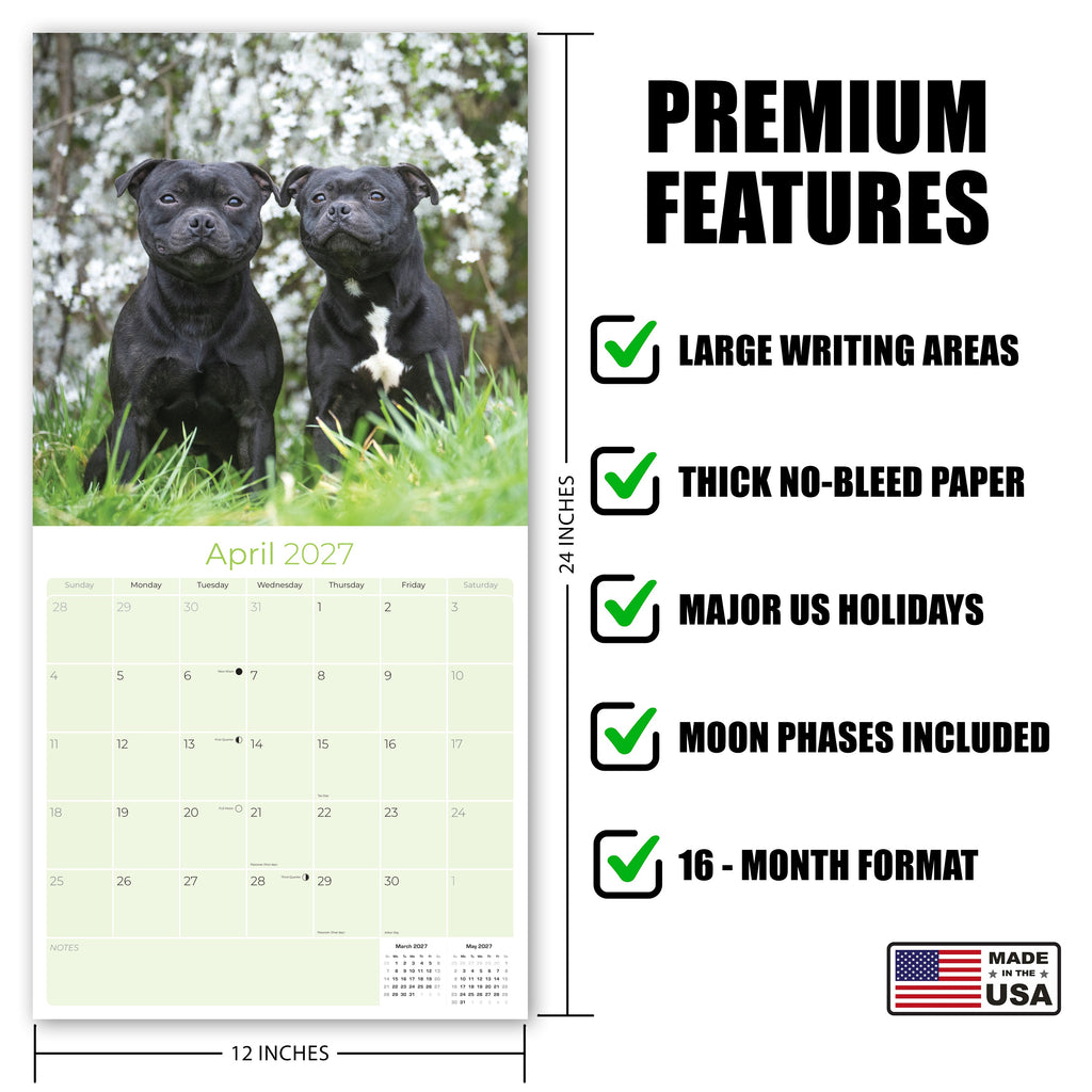 Staffordshire Bull Terrier Wall Calendar 2027 - 12" x 12" Monthly Courageous & Affectionate Staffy Dog Breed Calendar
