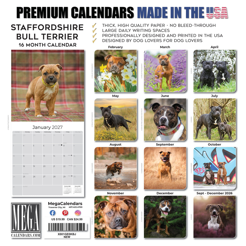 Staffordshire Bull Terrier Wall Calendar 2027 - 12" x 12" Monthly Courageous & Affectionate Staffy Dog Breed Calendar
