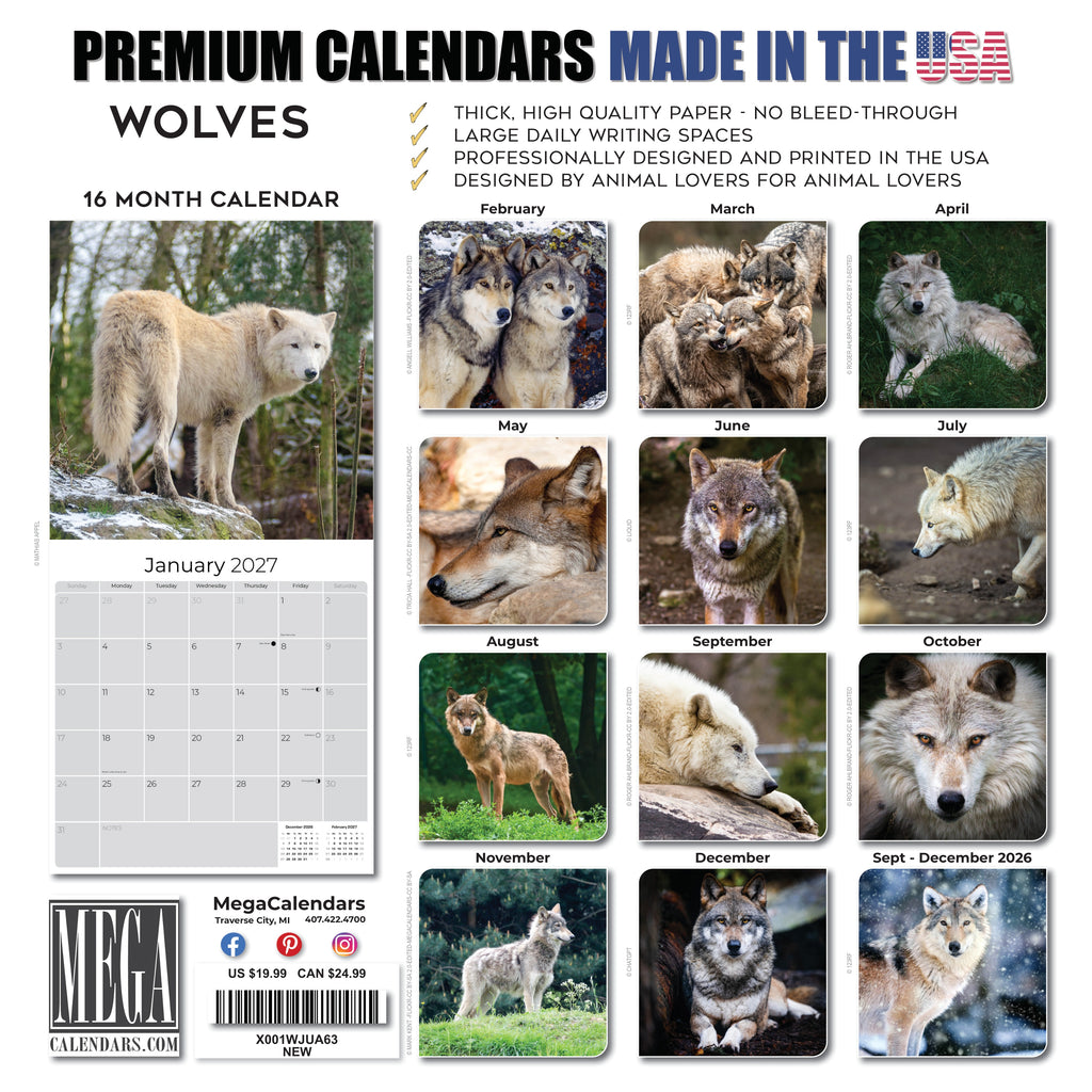 Wolves Wall Calendar 2027 - 12" x 12" Monthly Majestic & Powerful Wild Wolf Wildlife Nature Calendar