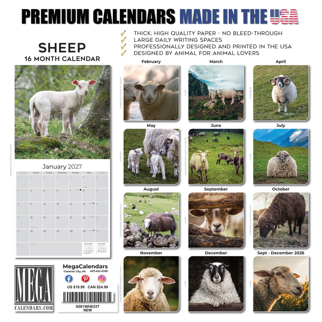 Sheep Wall Calendar 2027 - 12" x 12" Monthly Gentle & Pastoral Farm Animal Sheep Breed Calendar