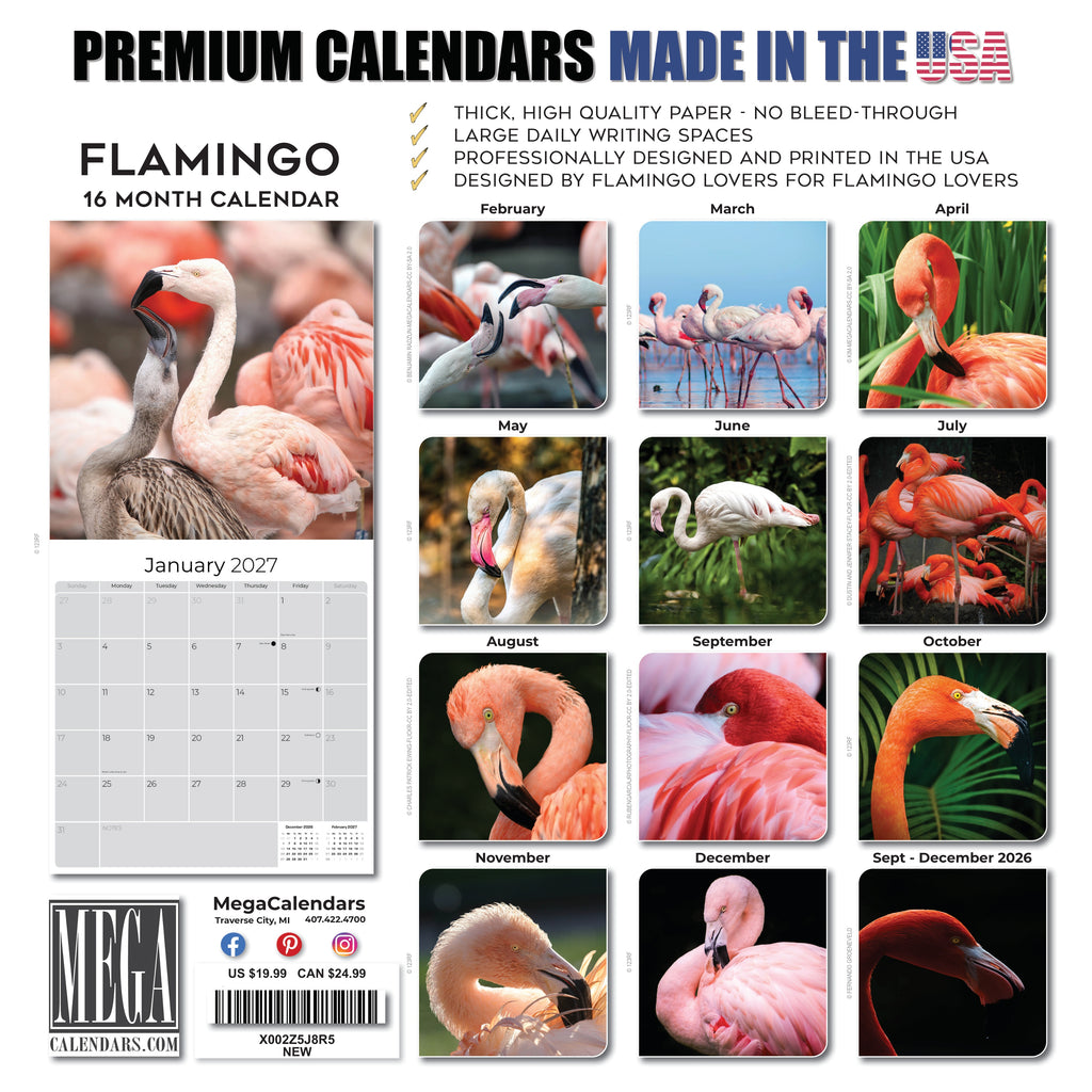 Flamingo Wall Calendar 2027 - 12" x 12" Monthly Vibrant Pink Flamingo Tropical Wading Bird Calendar
