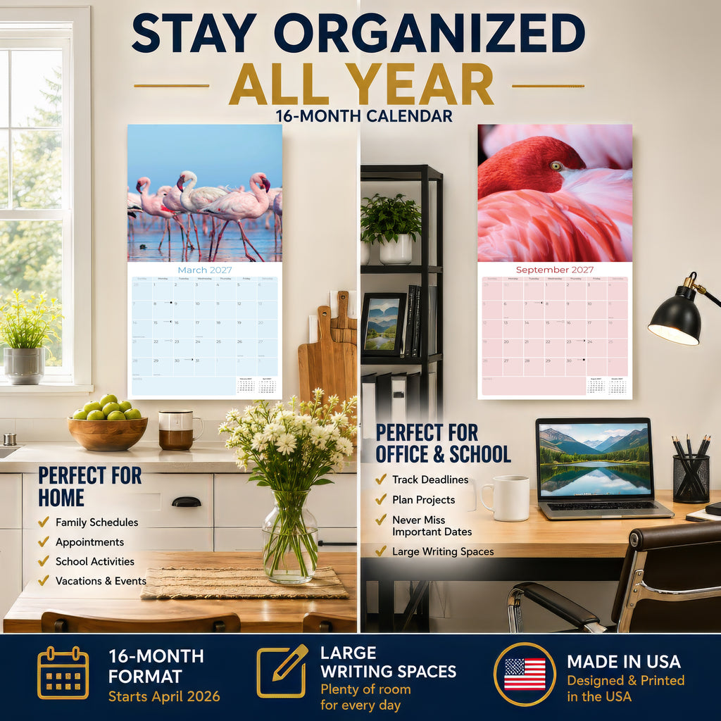 Flamingo Wall Calendar 2027 - 12" x 12" Monthly Vibrant Pink Flamingo Tropical Wading Bird Calendar