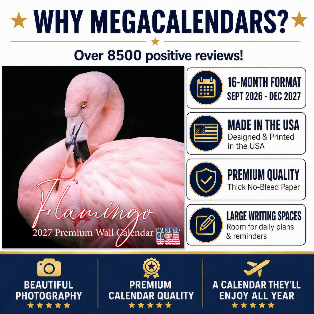 Flamingo Wall Calendar 2027 - 12" x 12" Monthly Vibrant Pink Flamingo Tropical Wading Bird Calendar