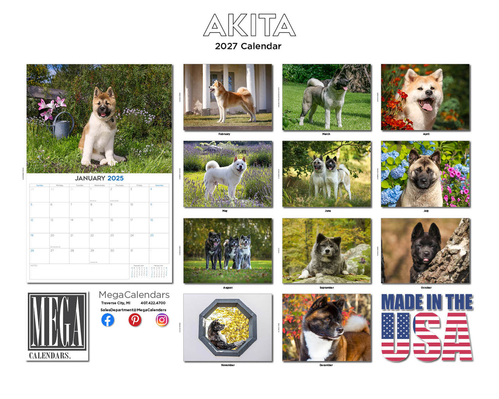 Akita Wall Calendar 2027 - 12" x 9" 14-Month Dog Breed Calendar