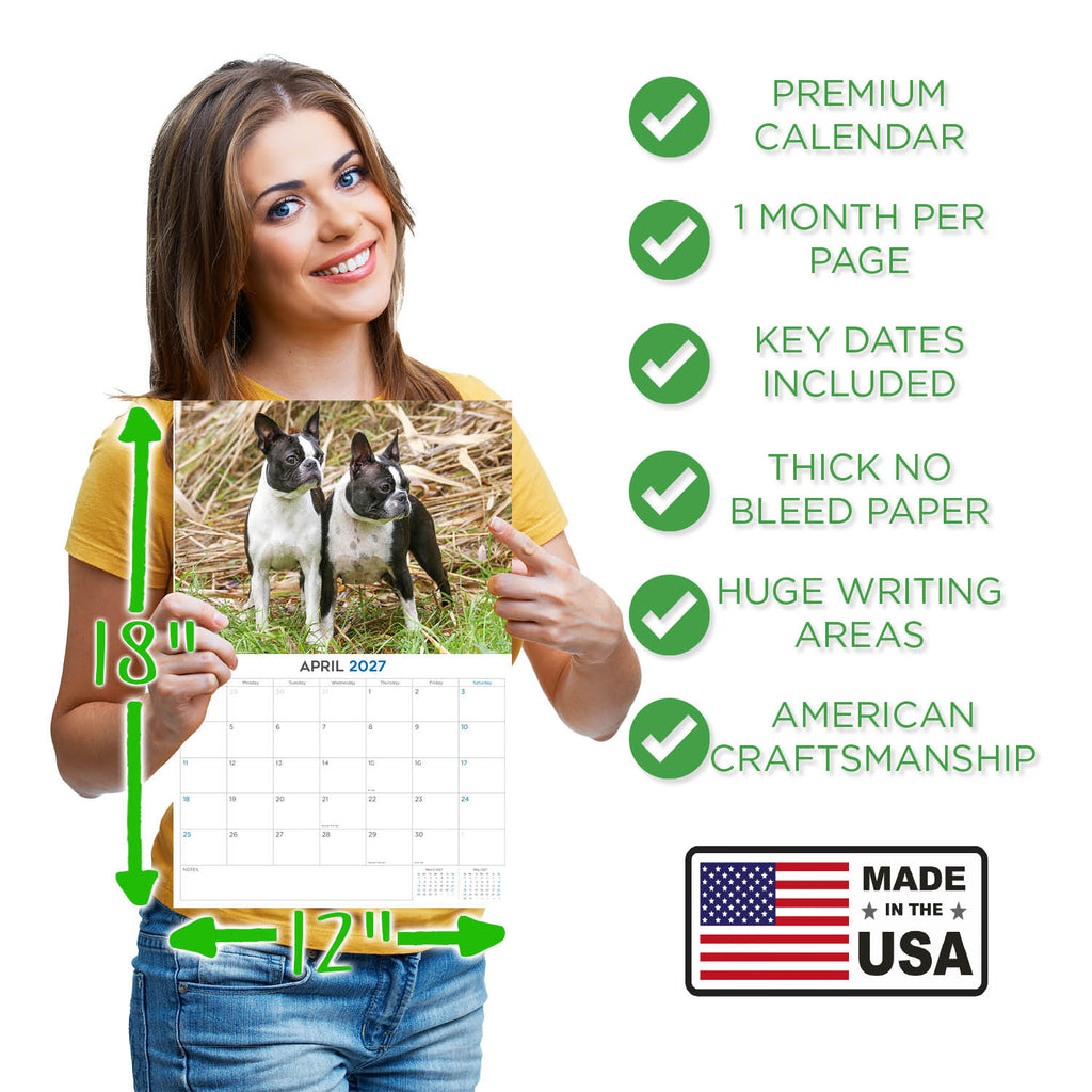 Boston Terrier Wall Calendar 2027 - 12" x 9" 14-Month Dog Breed Calendar