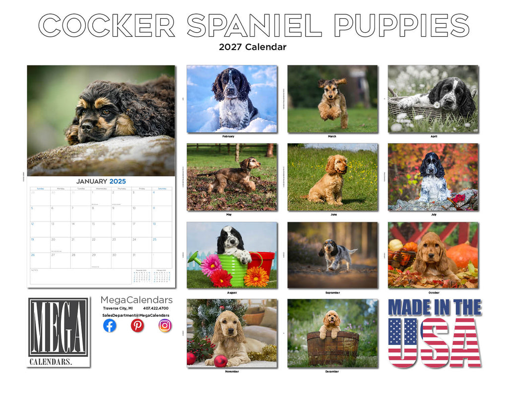 Cocker Spaniel Puppies Wall Calendar 2027 - 12" x 9" 14-Month Dog Breed Calendar