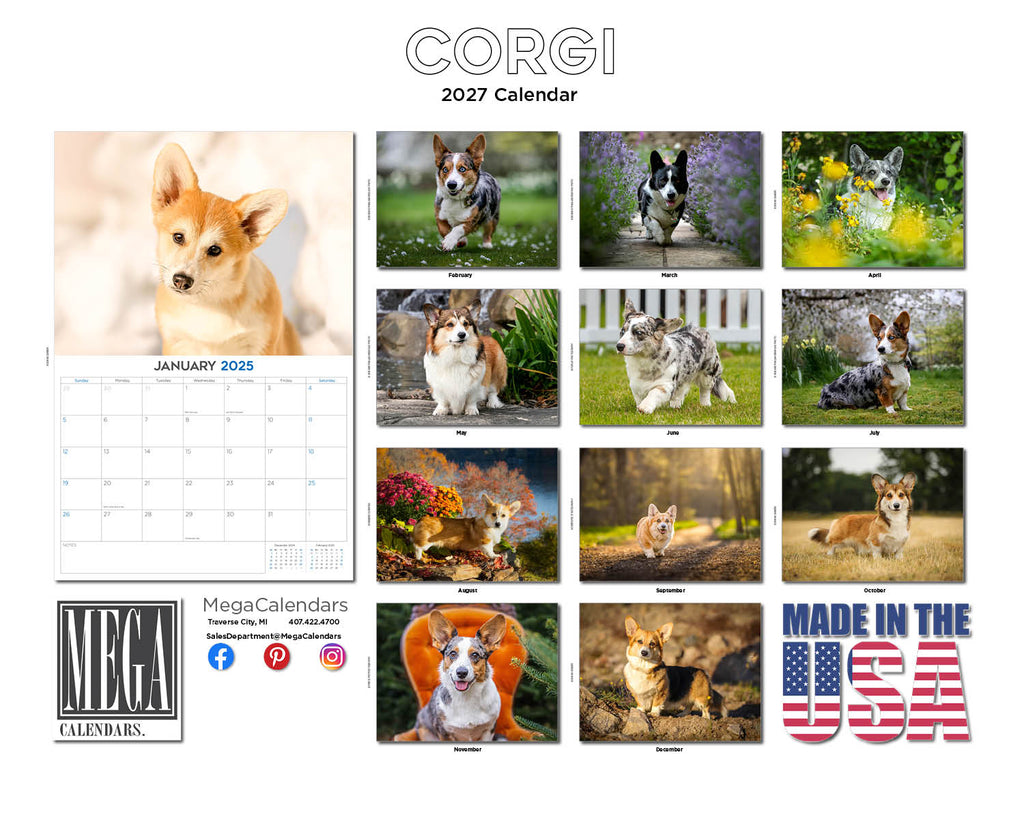 Corgi Wall Calendar 2027 - 12" x 9" 14-Month Dog Breed Calendar
