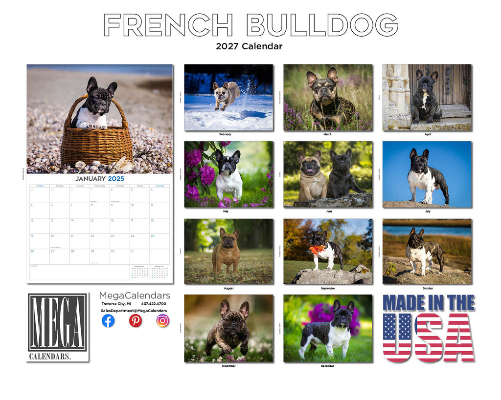 French Bulldog Wall Calendar 2027 - 12" x 9" 14-Month Dog Breed Calendar
