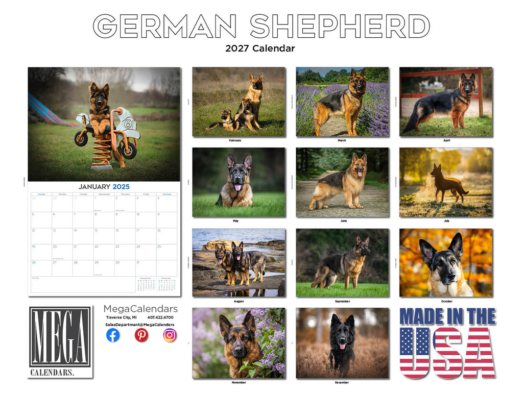 German Shepherd Wall Calendar 2027 - 12" x 9" 14-Month Dog Breed Calendar
