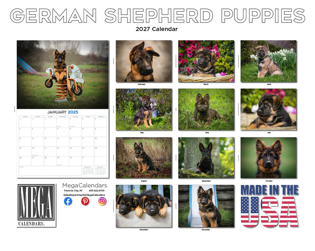 German Shepherd Puppies Wall Calendar 2027 - 12" x 9" 14-Month Dog Breed Calendar