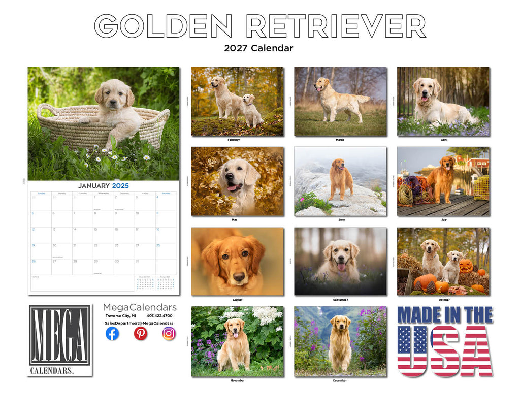 Golden Retriever Wall Calendar 2027 - 12" x 9" 14-Month Dog Breed Calendar