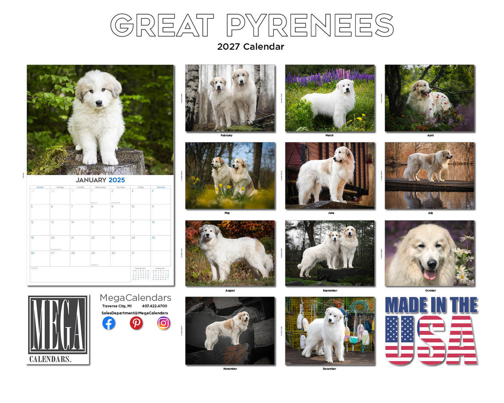 Great Pyrenees Wall Calendar 2027 - 12" x 9" 14-Month Dog Breed Calendar