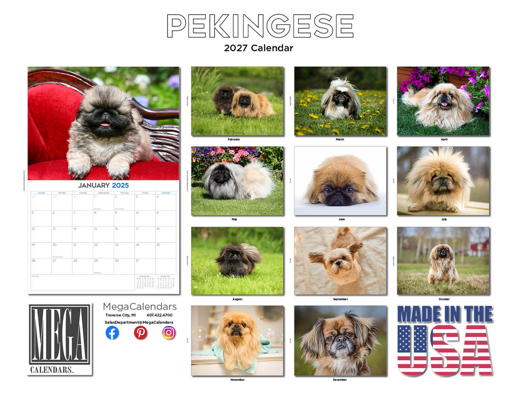 Pekingese Wall Calendar 2027 - 12" x 9" 14-Month Dog Breed Calendar