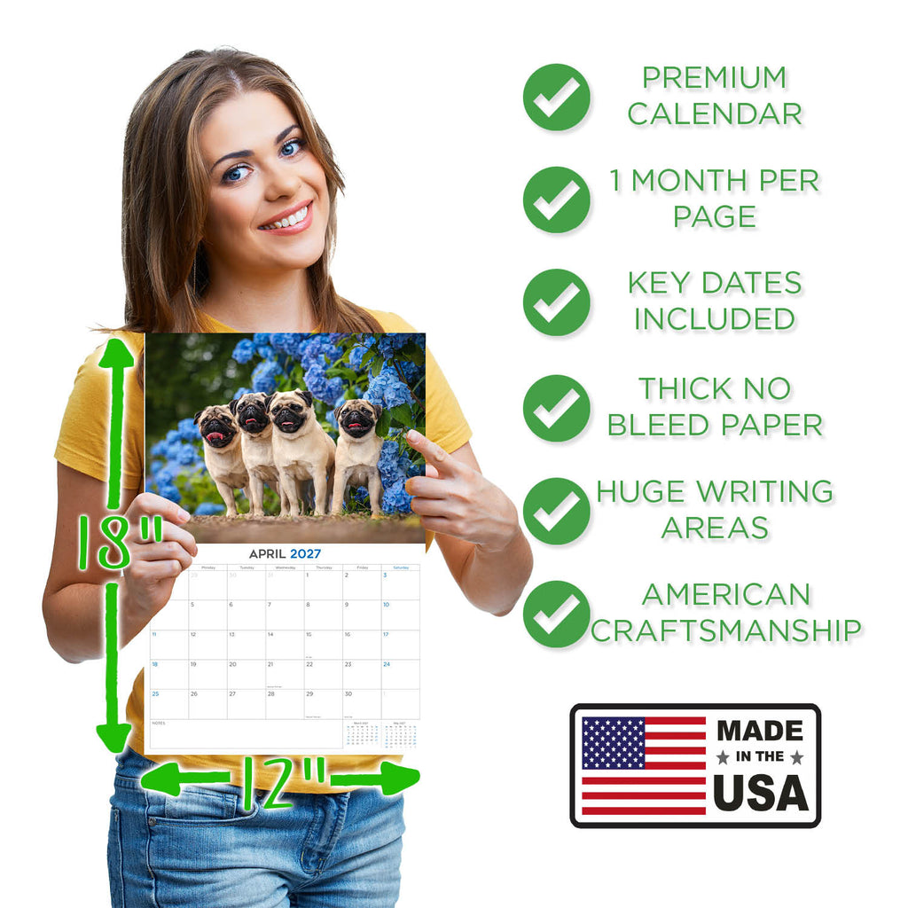 Pug Wall Calendar 2027 - 12" x 9" 14-Month Dog Breed Calendar