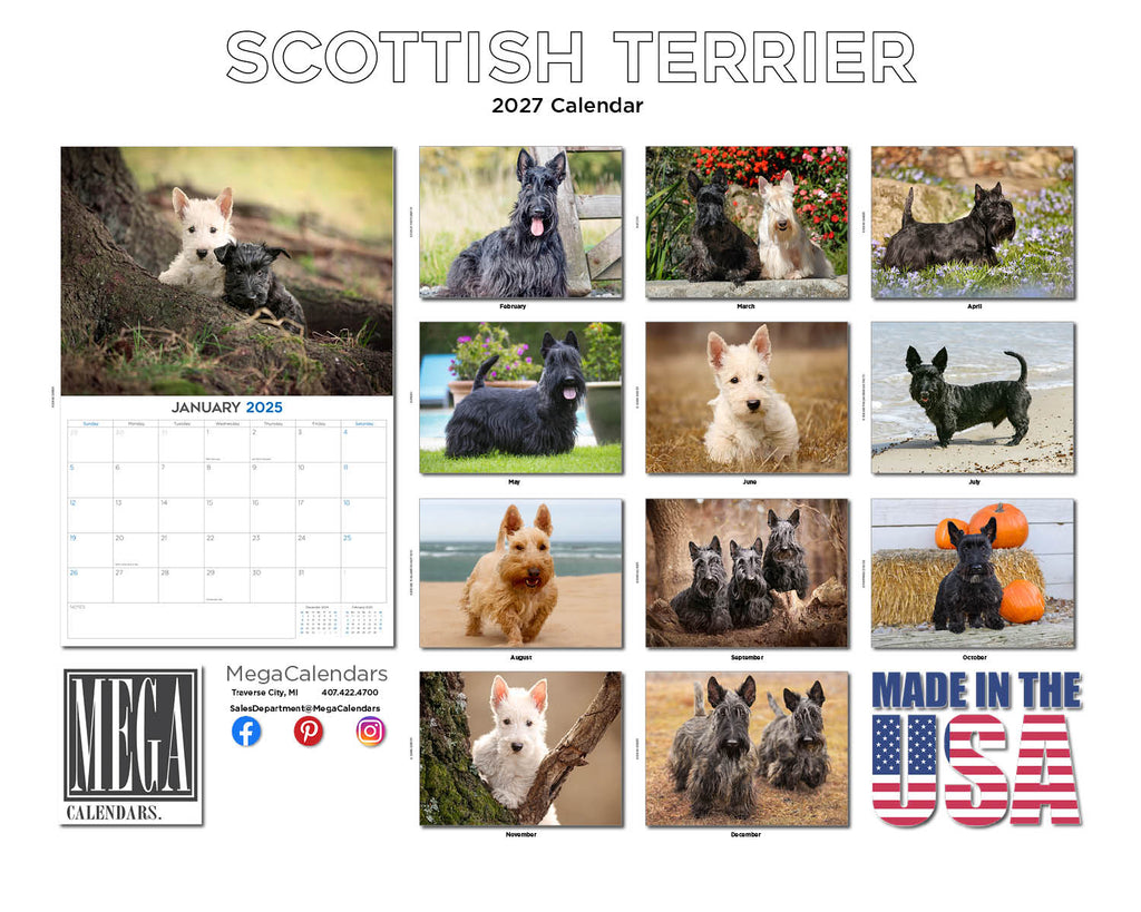 Scottish Terrier Wall Calendar 2027 - 12" x 9" 14-Month Dog Breed Calendar