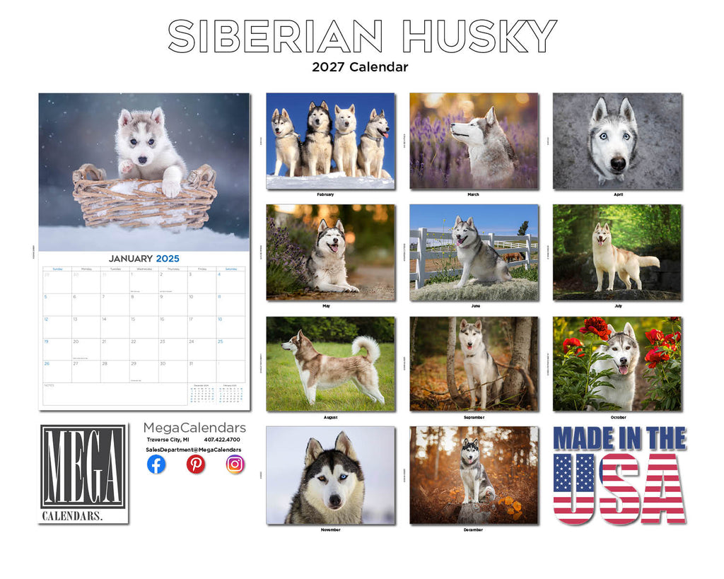 Siberian Husky Wall Calendar 2027 - 12" x 9" 14-Month Dog Breed Calendar