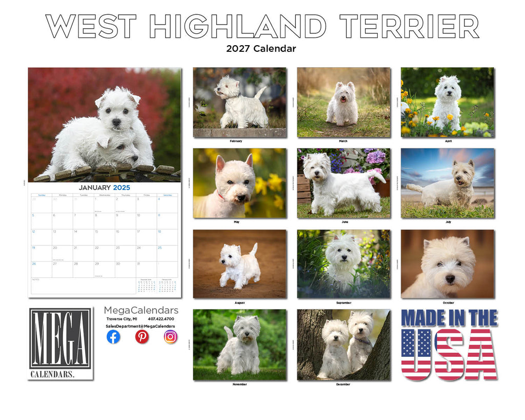 West Highland White Terrier Wall Calendar 2027 - 12" x 9" 14-Month Dog Breed