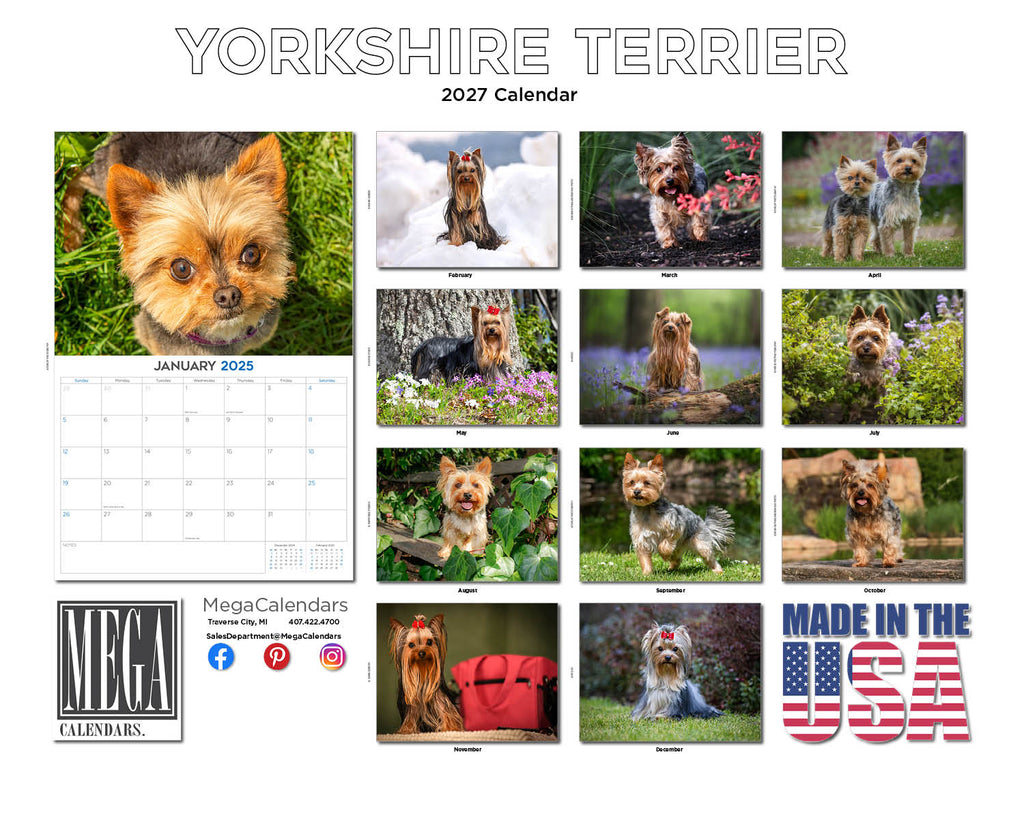 Yorkshire Terrier Wall Calendar 2027 - 12" x 9" 14-Month Dog Breed Calendar