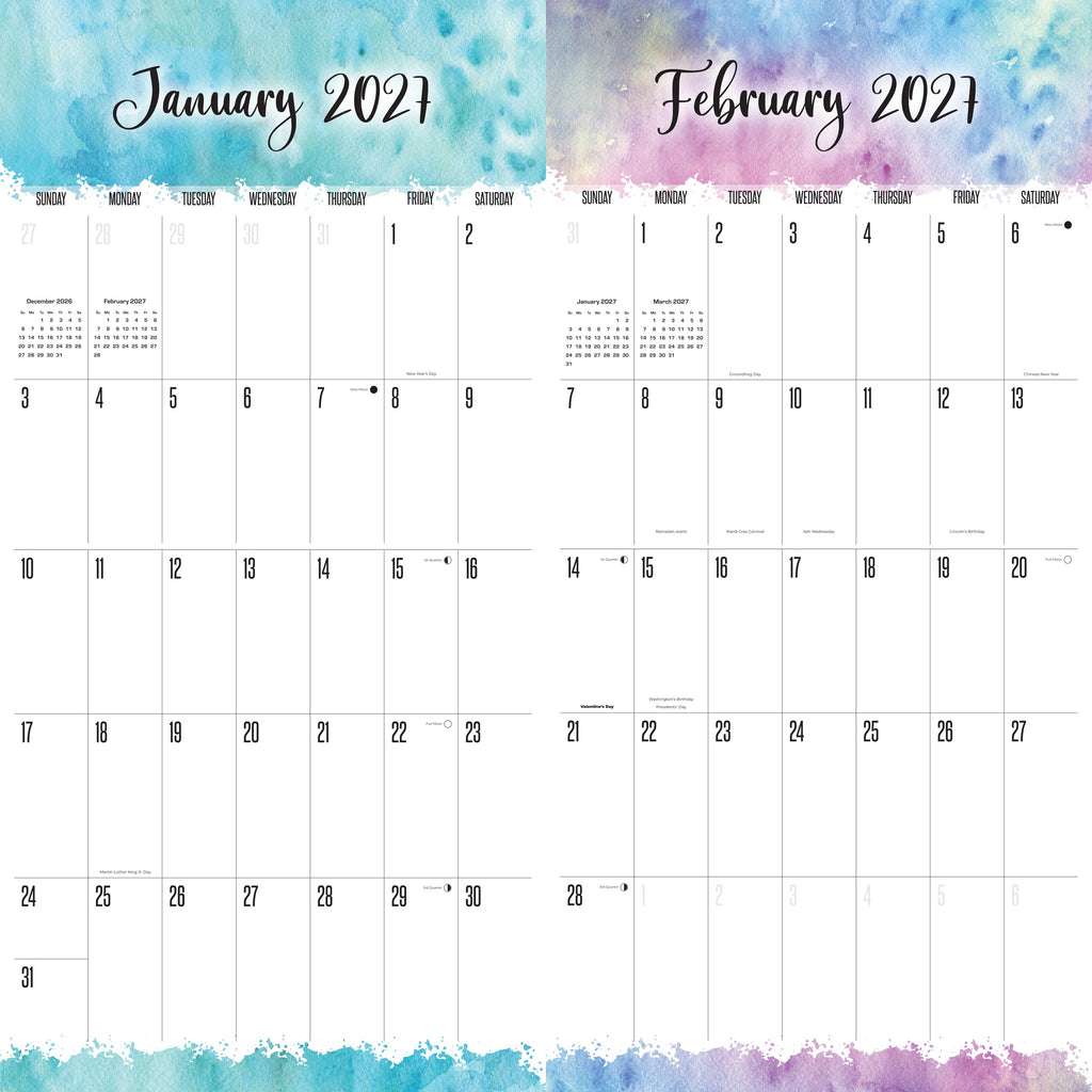Watercolors Large Grid Wall Calendar 2027 - 12" x 12" Monthly Artistic Floral Watercolor Calendar