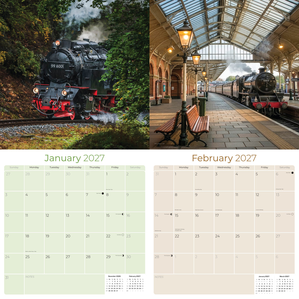 Steam Trains Wall Calendar 2027 - 12" x 12" Monthly Locomotive History Calendar