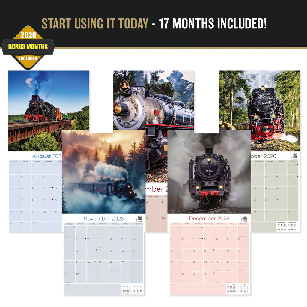 Steam Trains Wall Calendar 2027 - 12" x 12" Monthly Locomotive History Calendar