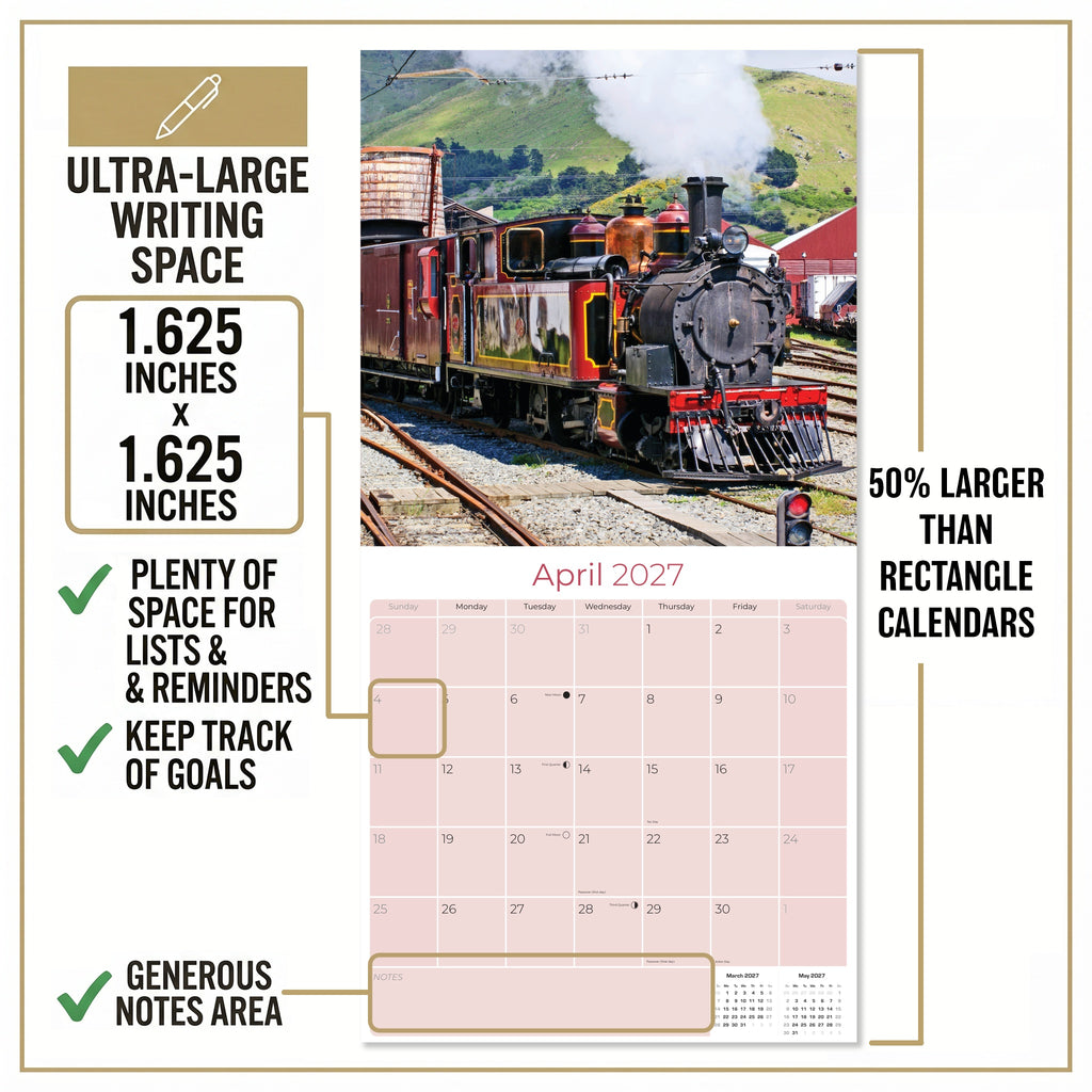 Steam Trains Wall Calendar 2027 - 12" x 12" Monthly Locomotive History Calendar