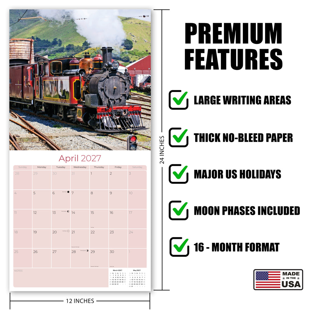Steam Trains Wall Calendar 2027 - 12" x 12" Monthly Locomotive History Calendar
