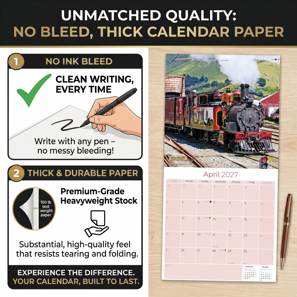 Steam Trains Wall Calendar 2027 - 12" x 12" Monthly Locomotive History Calendar